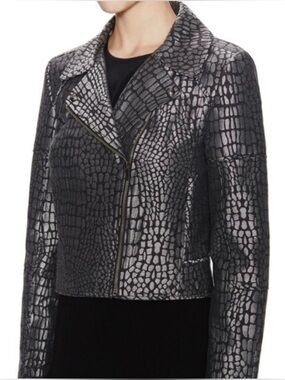 Diane Von Furstenberg Gray/ Black Angie Alligator Print Moto Crop Jacket Size 4